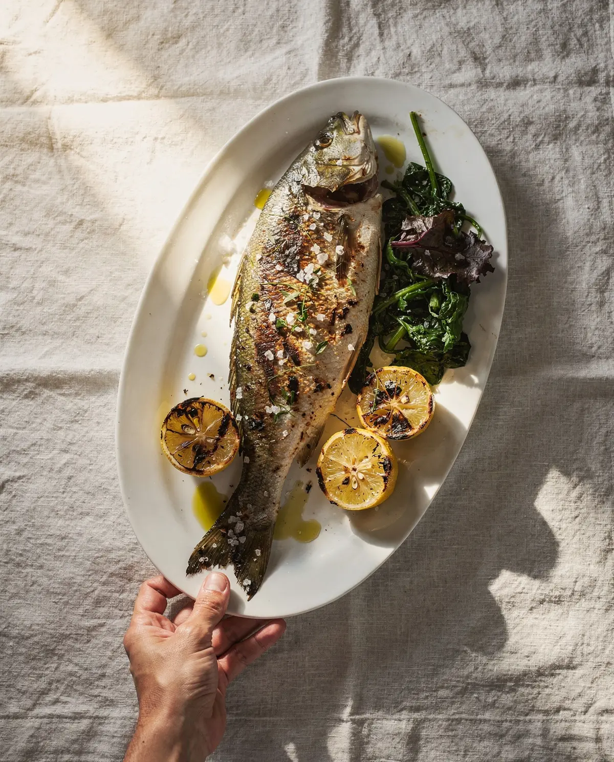 Whole roasted branzino with lemon