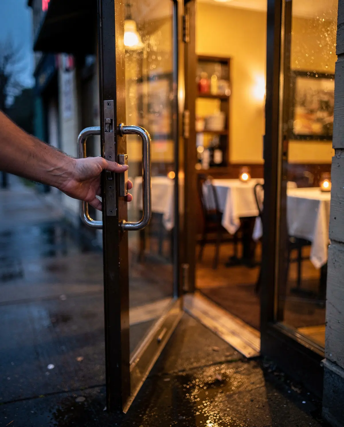 The front door held open at dusk
