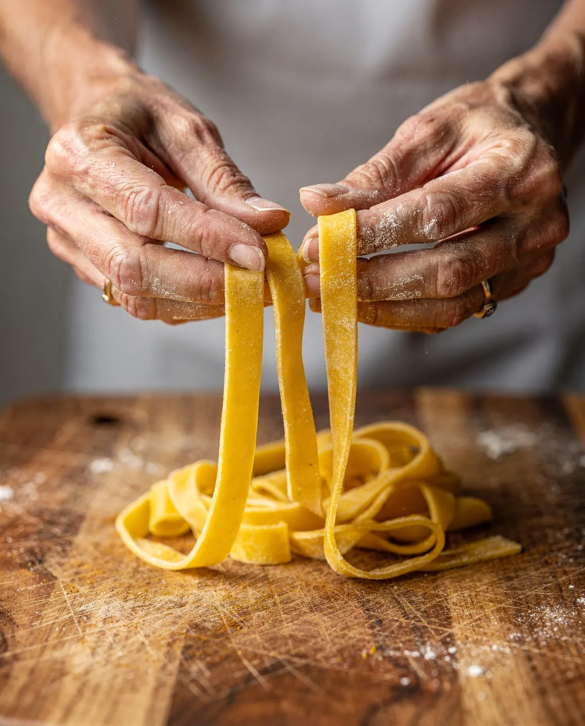 Floured hands lifting fresh pappardelle off a wooden board