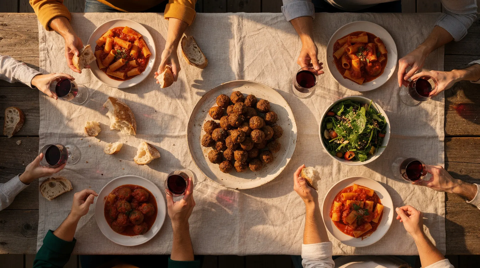 A long table set family-style, with hands passing bowls of pasta and meatballs