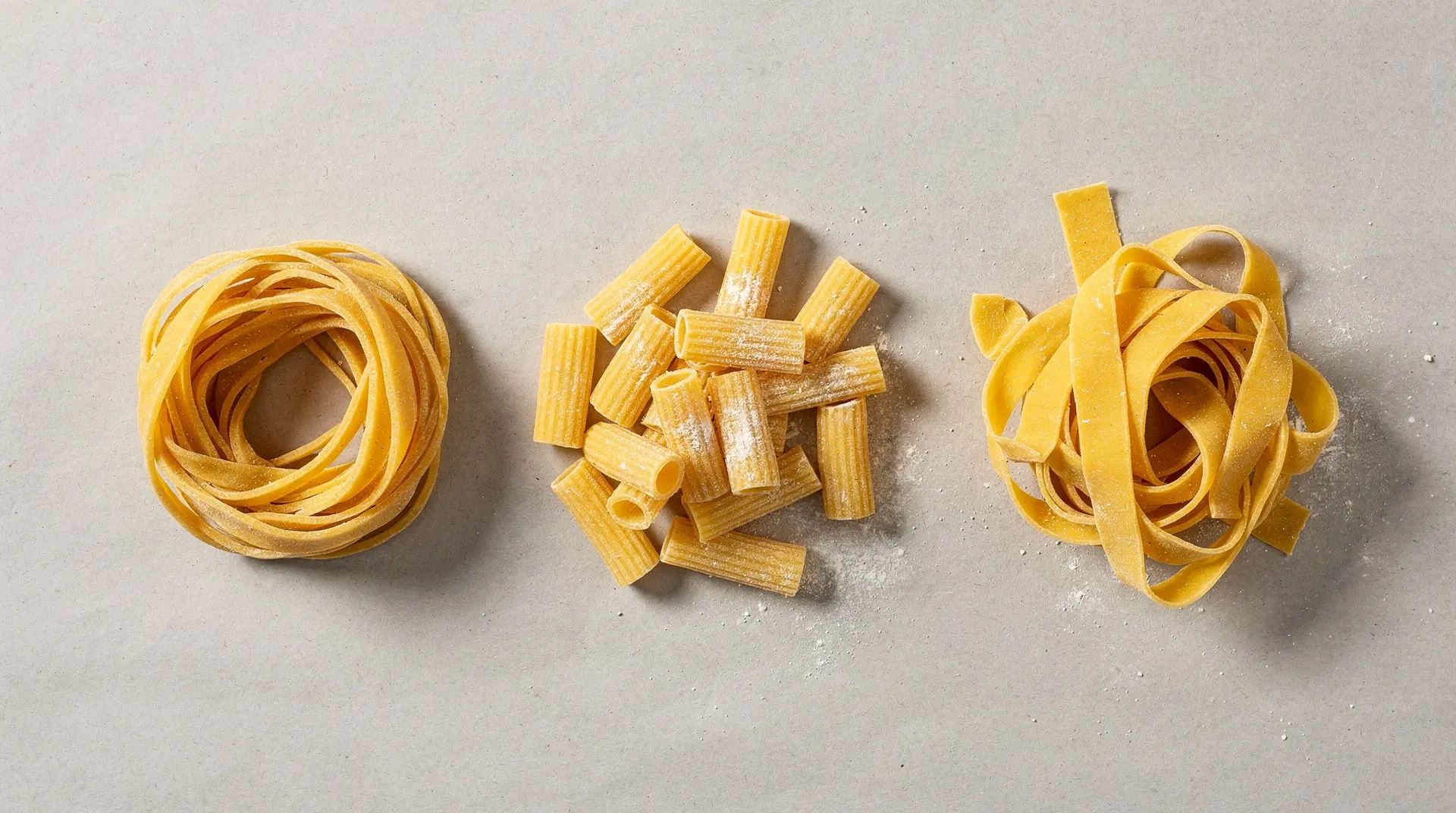 This week's three shapes on a floured board: tonnarelli, rigatoni and pappardelle